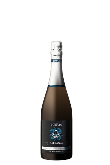 Bottle of Queylius Ambiance sparkling wine on a white background