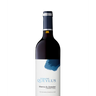 Red wine bottle with a blue label on a white background