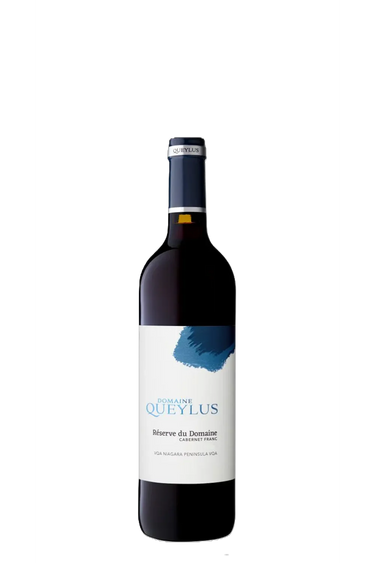 Red wine bottle with a blue label on a white background