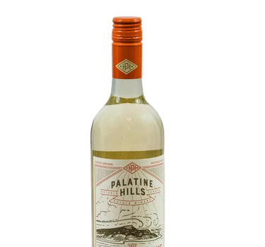 A bottle of Palatine Hills Sauvignon Blanc white wine, featuring a cream-colored label with red accents and an orange screw cap, set against a plain light gray background.