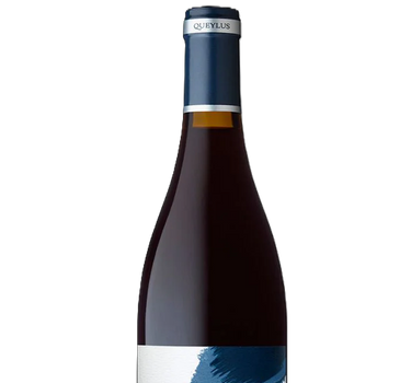 Wine bottle with a blue label on a white background