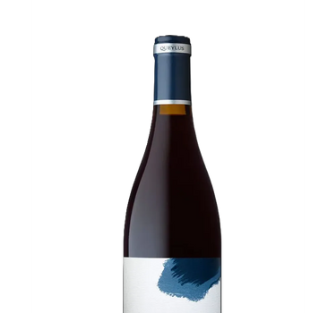Wine bottle with a blue label on a white background