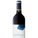 Red wine bottle with a blue label on a white background