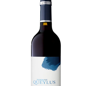 Red wine bottle with a blue label on a white background