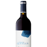 Red wine bottle with a blue label on a white background