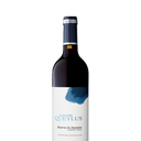 Red wine bottle with a blue label on a white background