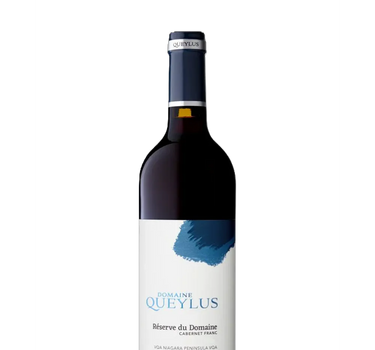 Red wine bottle with a blue label on a white background