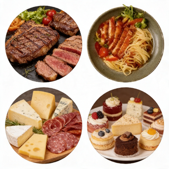 Four circular images showcasing different types of food including steak, pasta, cheese and salami, and desserts.