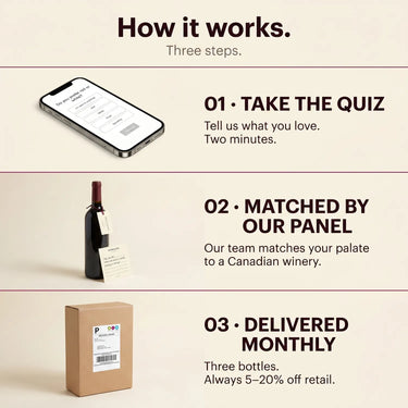 Step-by-step process for a wine subscription service on a beige background