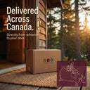 Cardboard box with a wine delivery service logo on a doorstep with a scenic background.