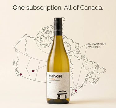 Bottle of Malvoire wine with a map of Canada in the background