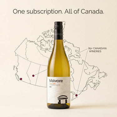 Bottle of Malvoire wine with a map of Canada in the background