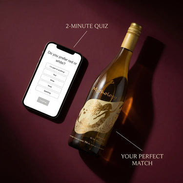 Wine bottle with a smartphone displaying a quiz on a dark background