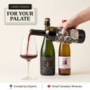 Wine bottles being poured with a hand holding one, on a light background with text about curated small Canadian wineries.