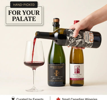 Wine bottles being poured with a hand holding one, on a light background with text about curated small Canadian wineries.